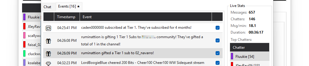Click to view full size The Live Stream Monitor with the event acknowledgement column enabled, showing checkboxes next to subs, raids, and bits.
