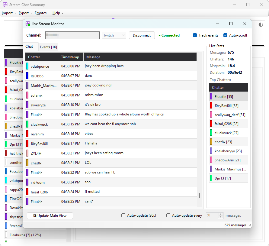 Click to view full size The Live Stream Monitor window with incoming messages and a live stats panel