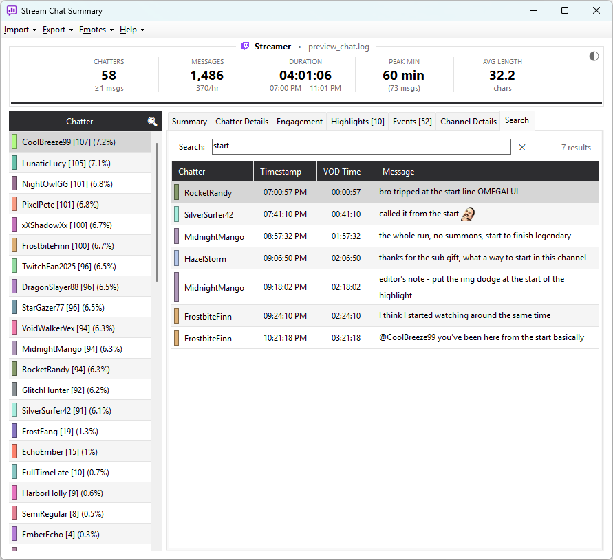 Click to view full size The Search tab showing a text box with a query and a results grid listing matching messages in timestamp order